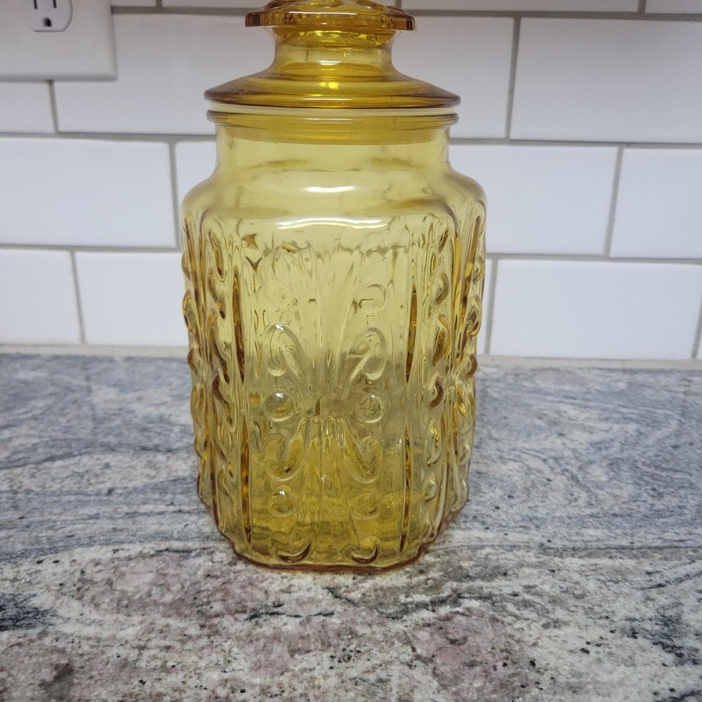 Vintage LE Smith Atterbury Scroll Amber Glass Canister Apothecary Jar Have More